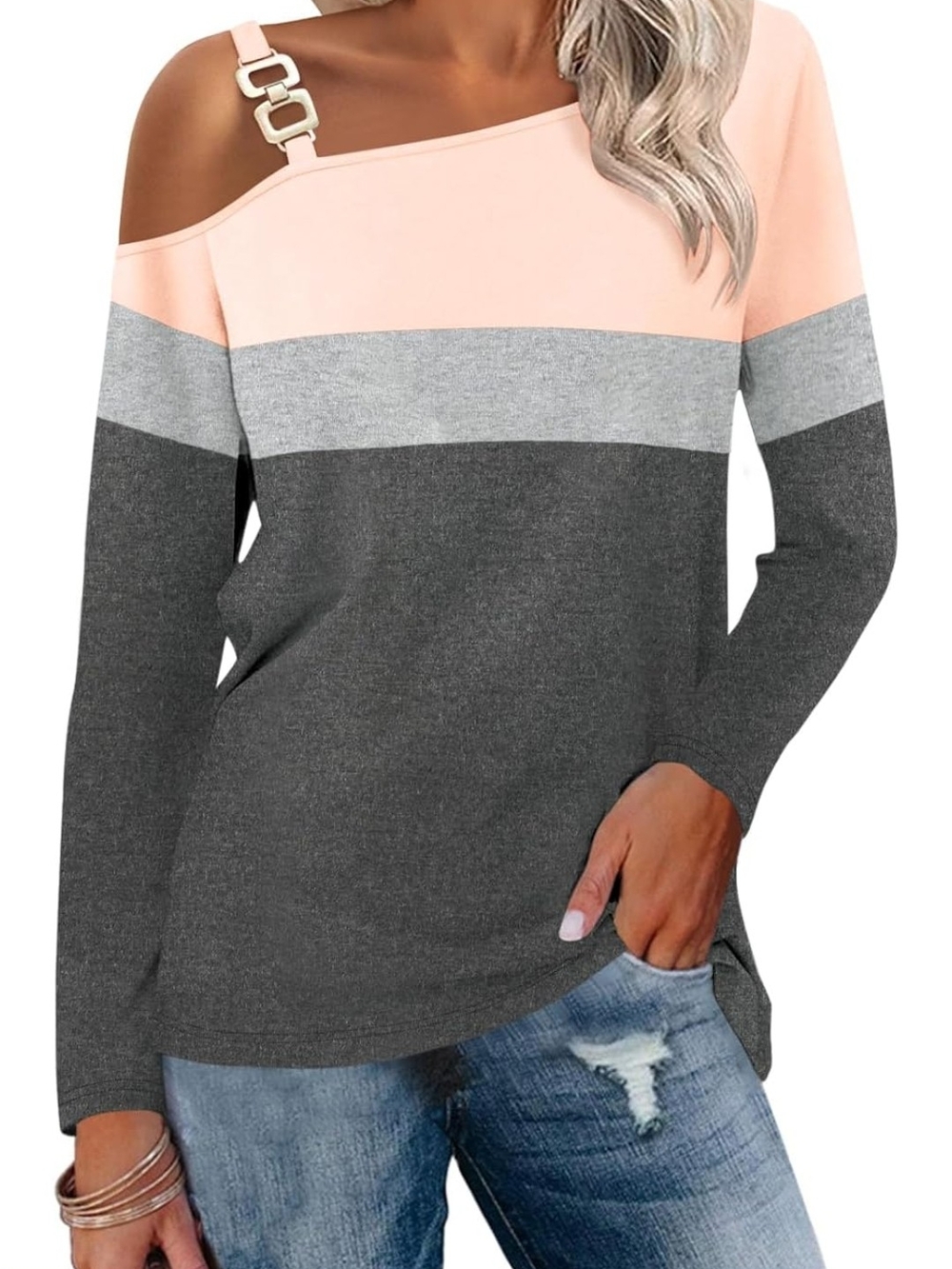 Colorblock One-Shoulder Sweater with Buckle Strap - Pink, Gray